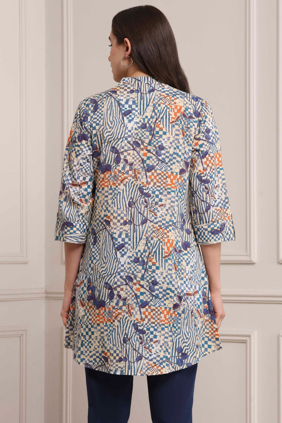Blue Cotton Printed Straight Short Kurta K60