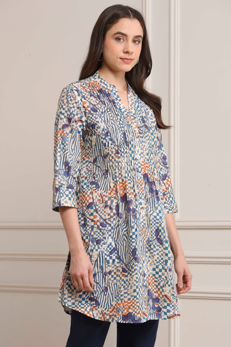 Blue Cotton Printed Straight Short Kurta K60