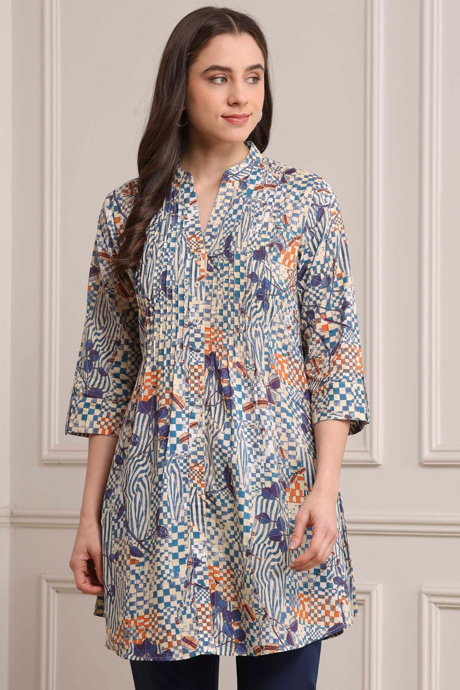 Blue Cotton Printed Straight Short Kurta K60