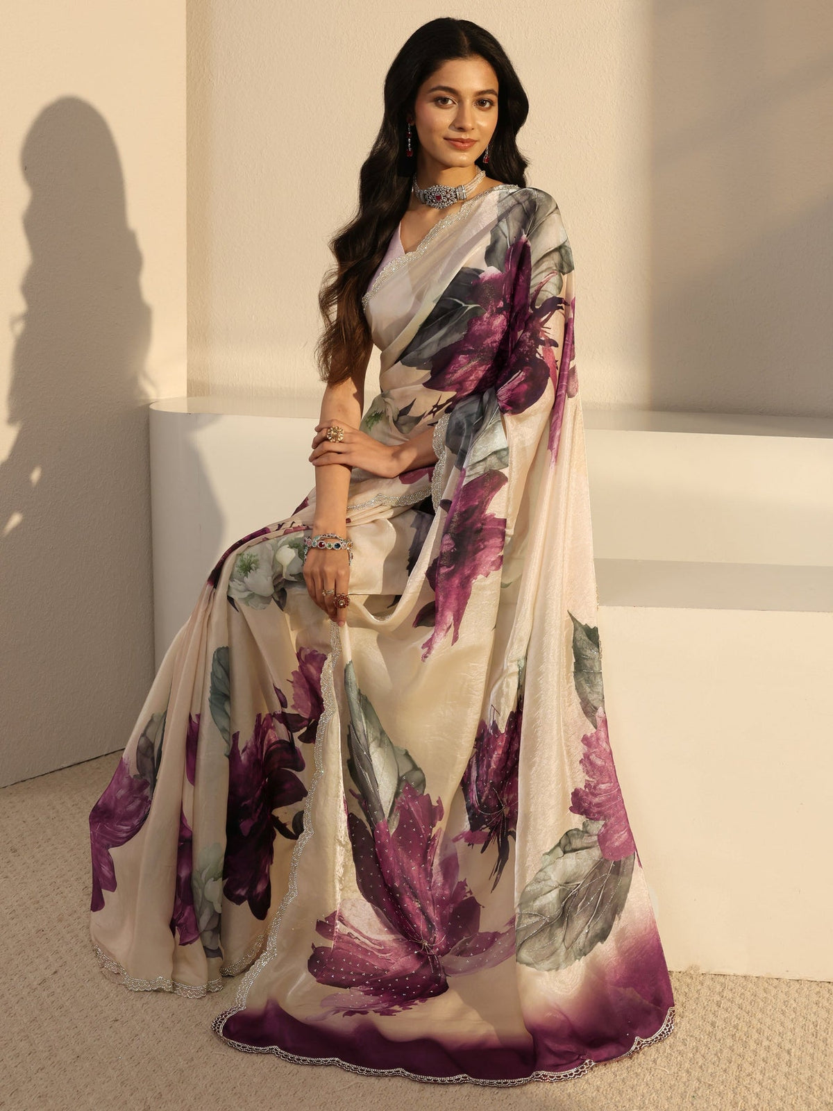 Libas Ivory Embellished Tissue Saree With Unstiched Blouse Piece S45