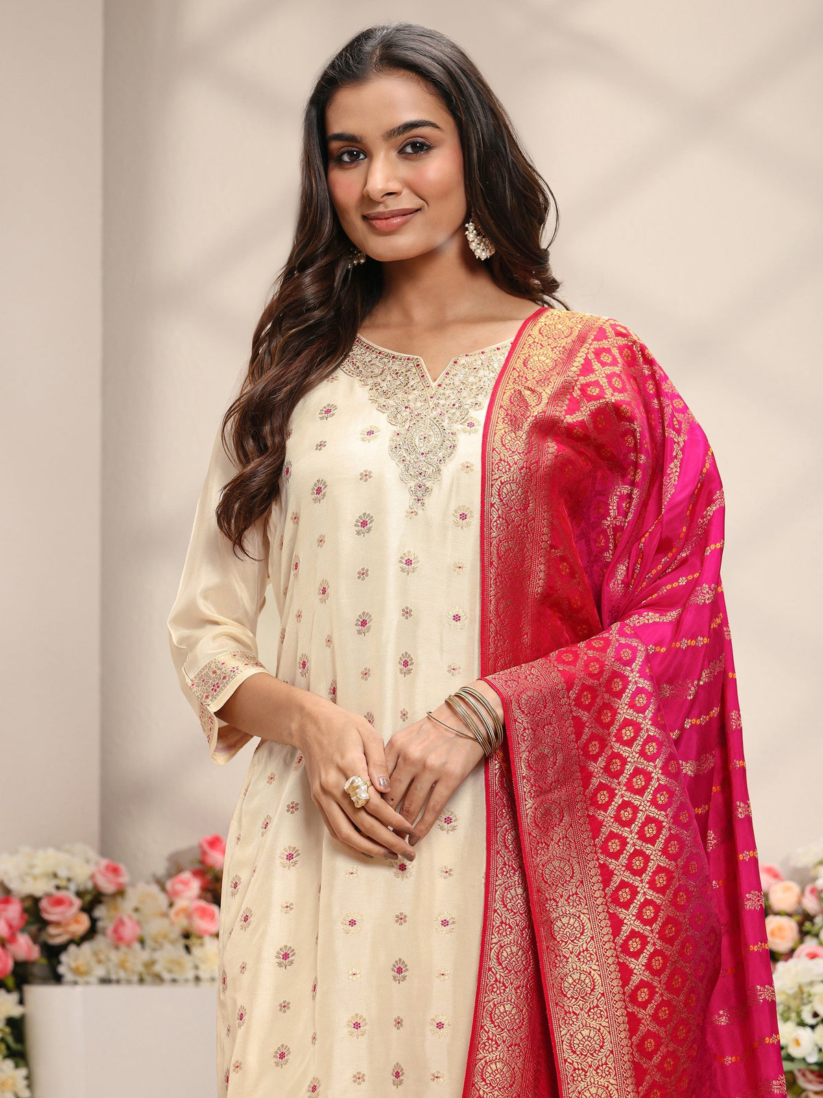 Libas Ivory Woven Design Silk Blend Straight Suit Set With Dupatta