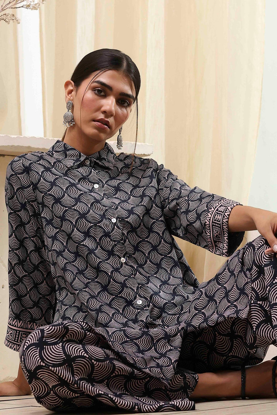 Black Printed Shirt-Style Straight Co-ord Set CO87