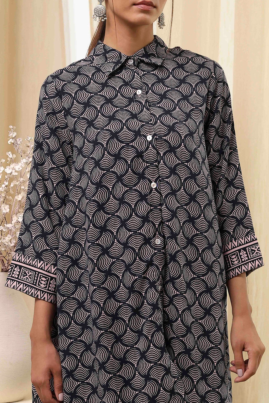 Black Printed Shirt-Style Straight Co-ord Set CO87