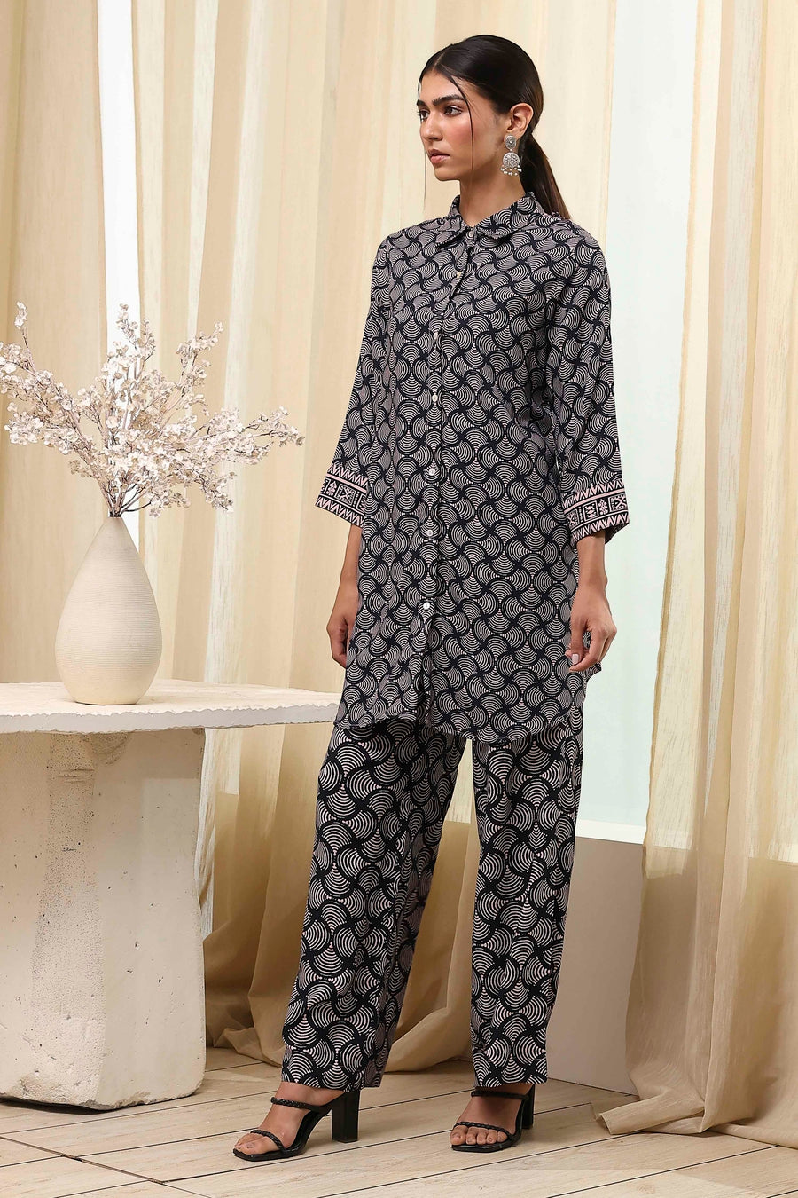 Black Printed Shirt-Style Straight Co-ord Set CO87