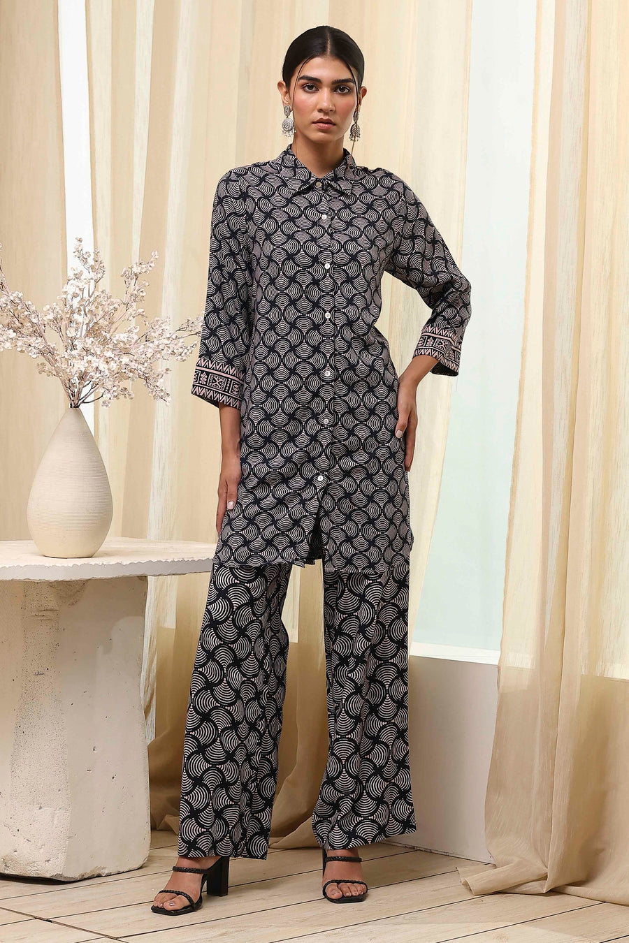 Black Printed Shirt-Style Straight Co-ord Set CO87