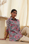 Blue and Pink Cotton Floral Shirt-Style Short Kurta K60