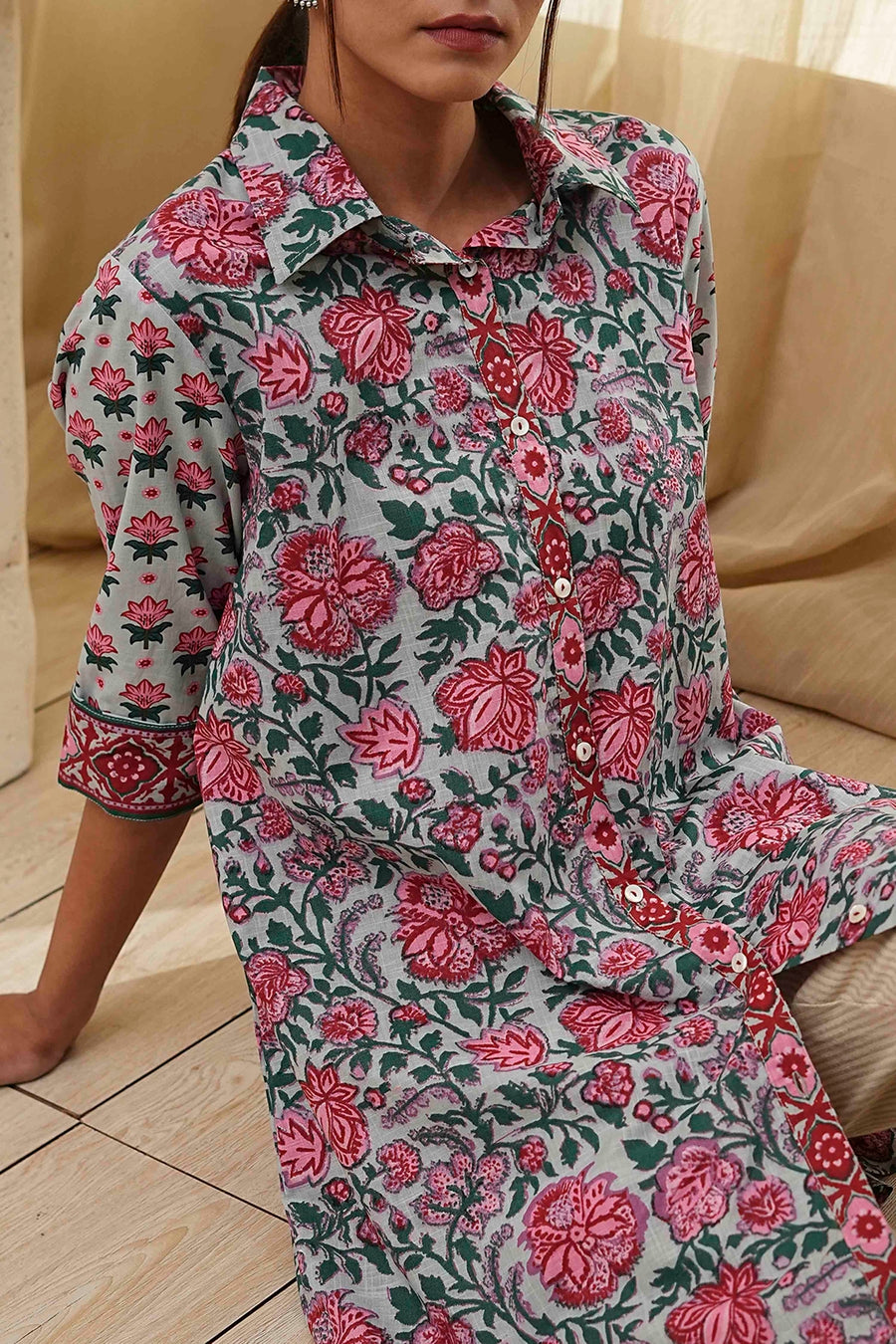 Blue and Pink Cotton Floral Shirt-Style Short Kurta K60