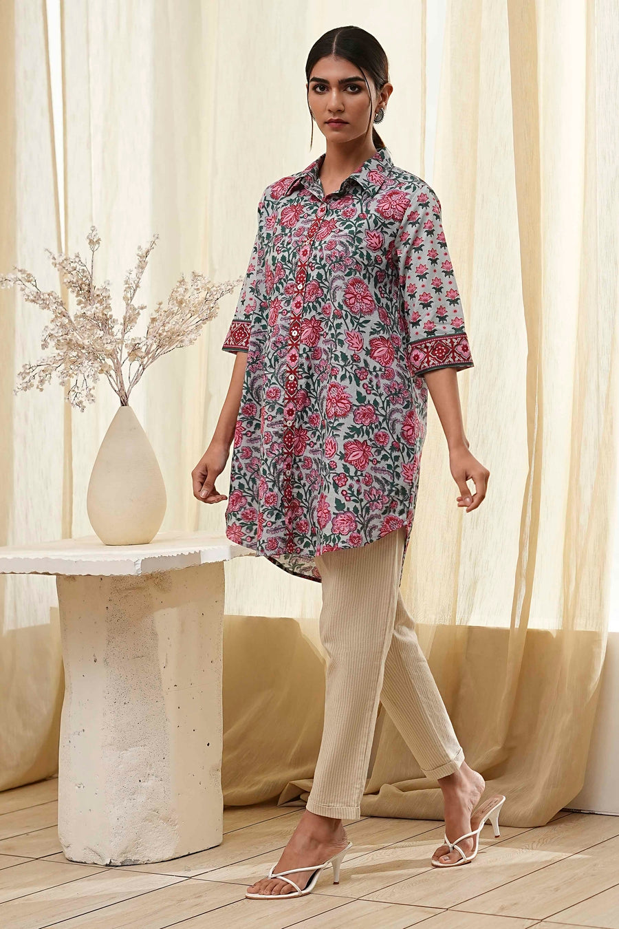 Blue and Pink Cotton Floral Shirt-Style Short Kurta K60
