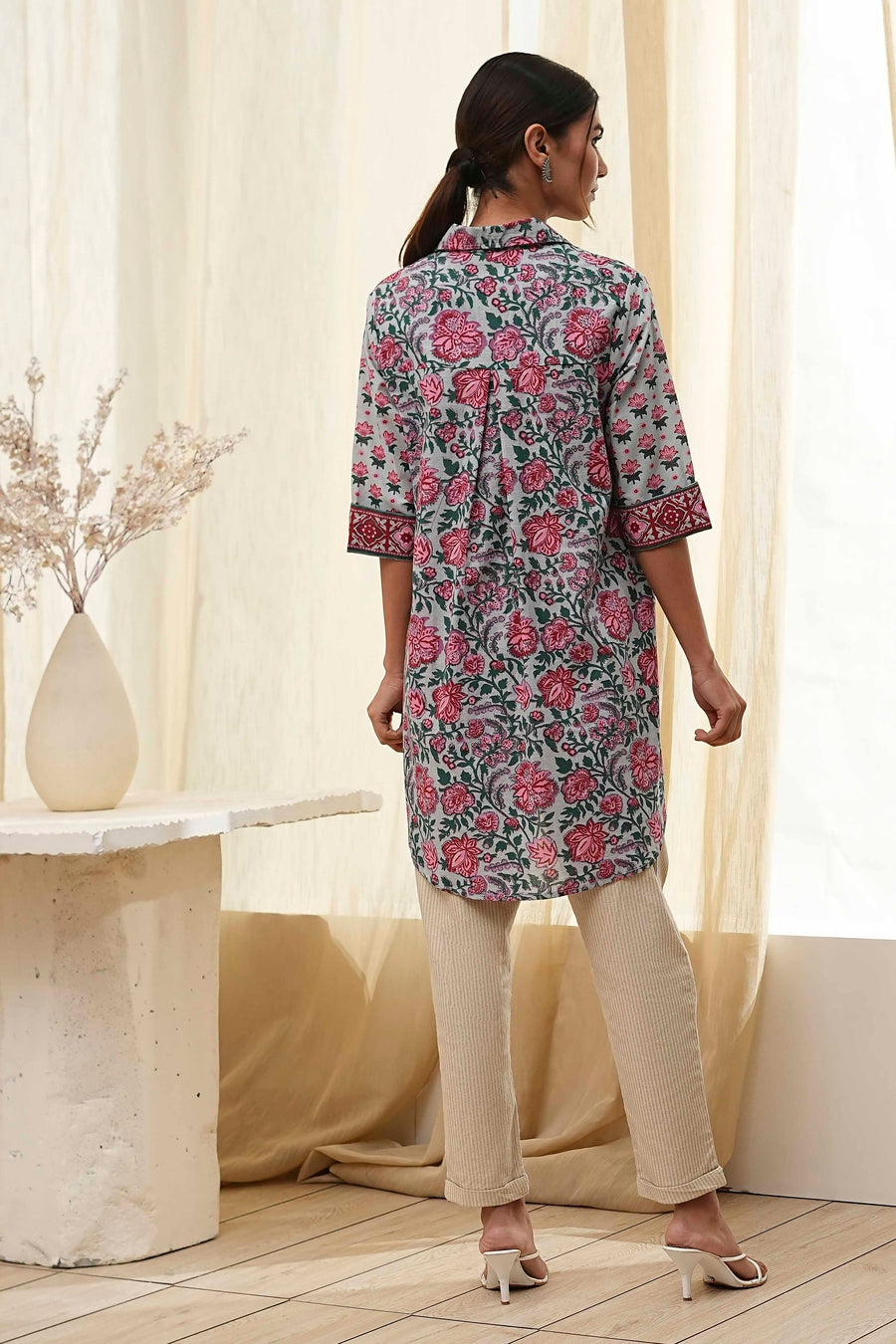 Blue and Pink Cotton Floral Shirt-Style Short Kurta K60