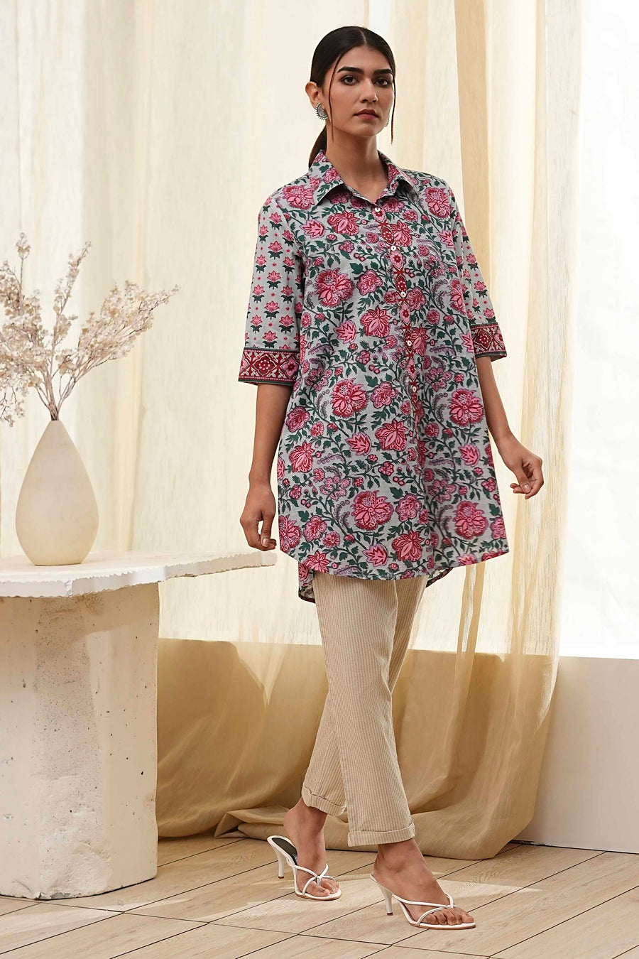 Blue and Pink Cotton Floral Shirt-Style Short Kurta K60