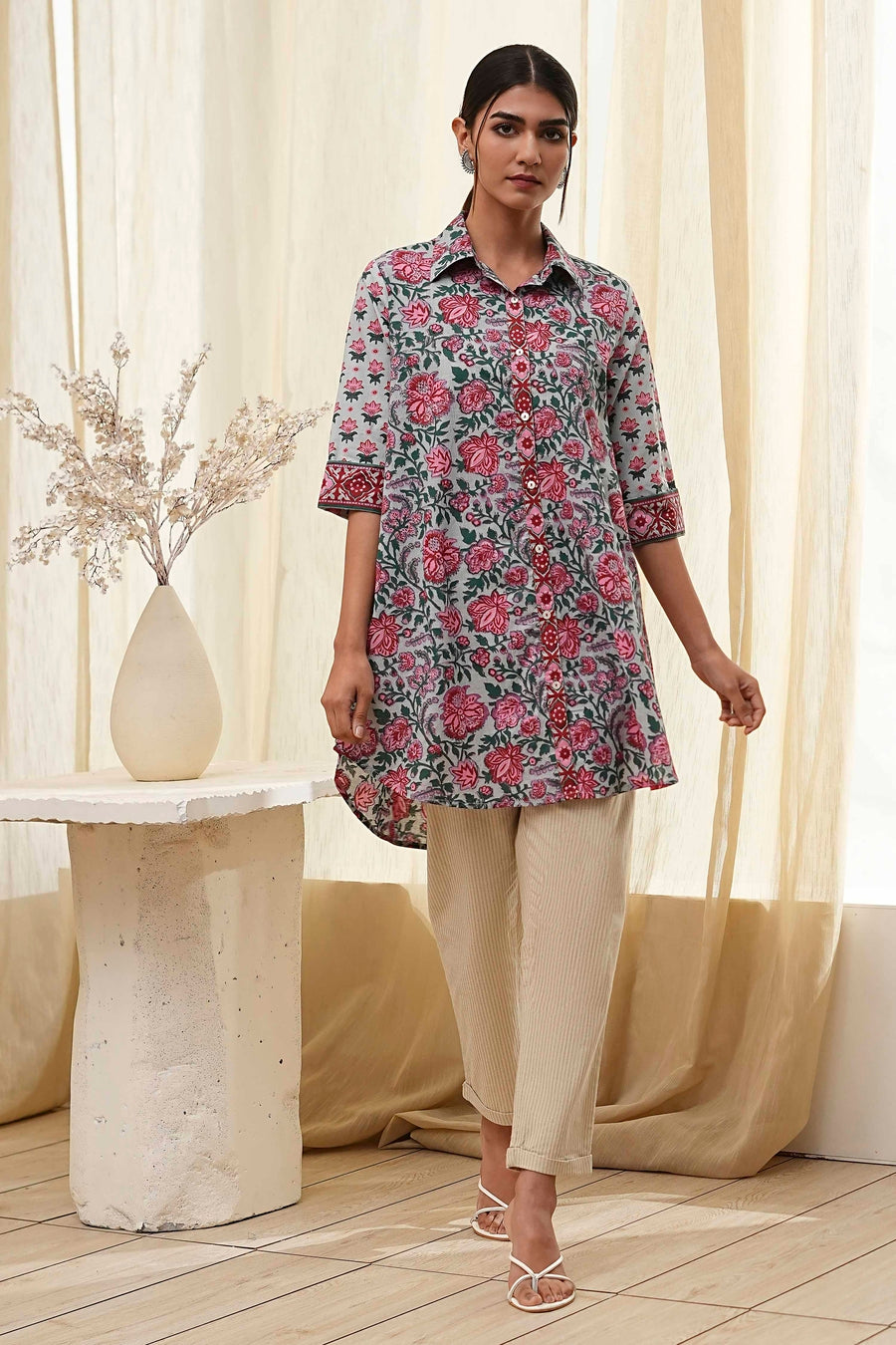 Blue and Pink Cotton Floral Shirt-Style Short Kurta K60
