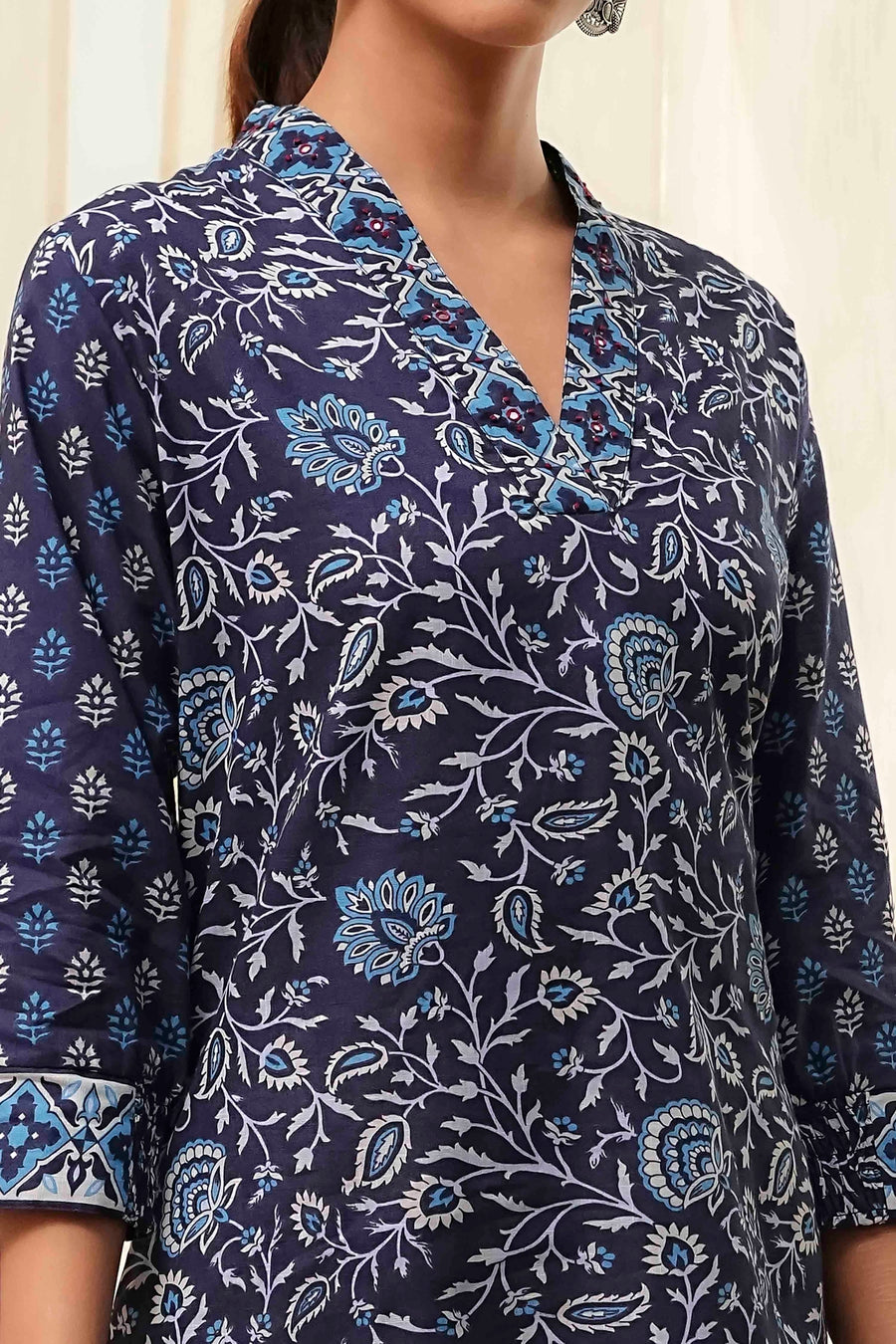 Indigo Cotton Floral Straight Short Kurta K60