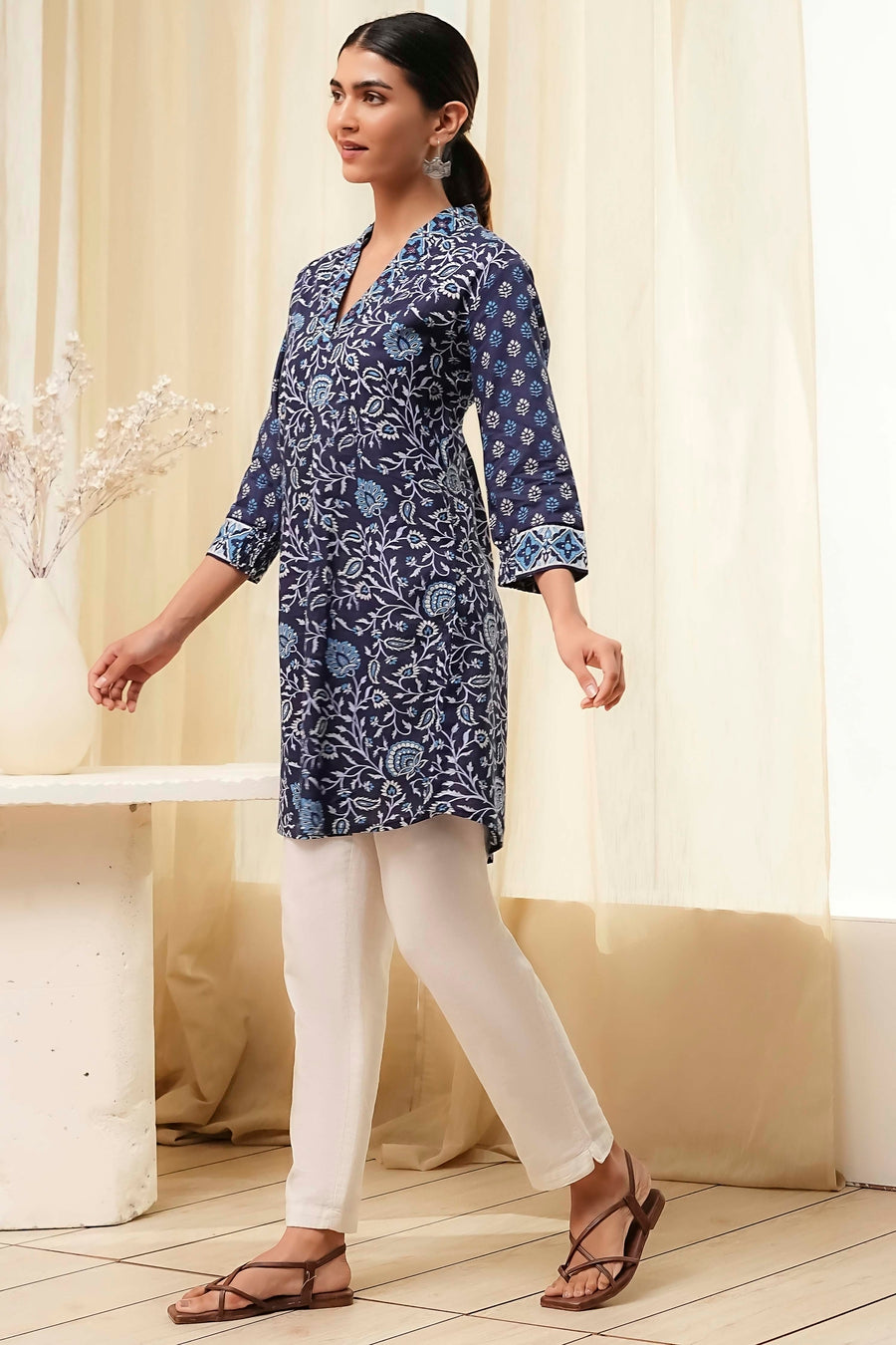 Indigo Cotton Floral Straight Short Kurta K60