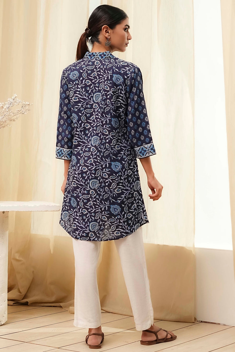 Indigo Cotton Floral Straight Short Kurta K60