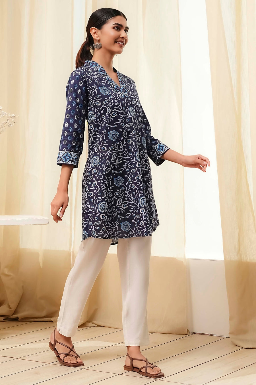 Indigo Cotton Floral Straight Short Kurta K60