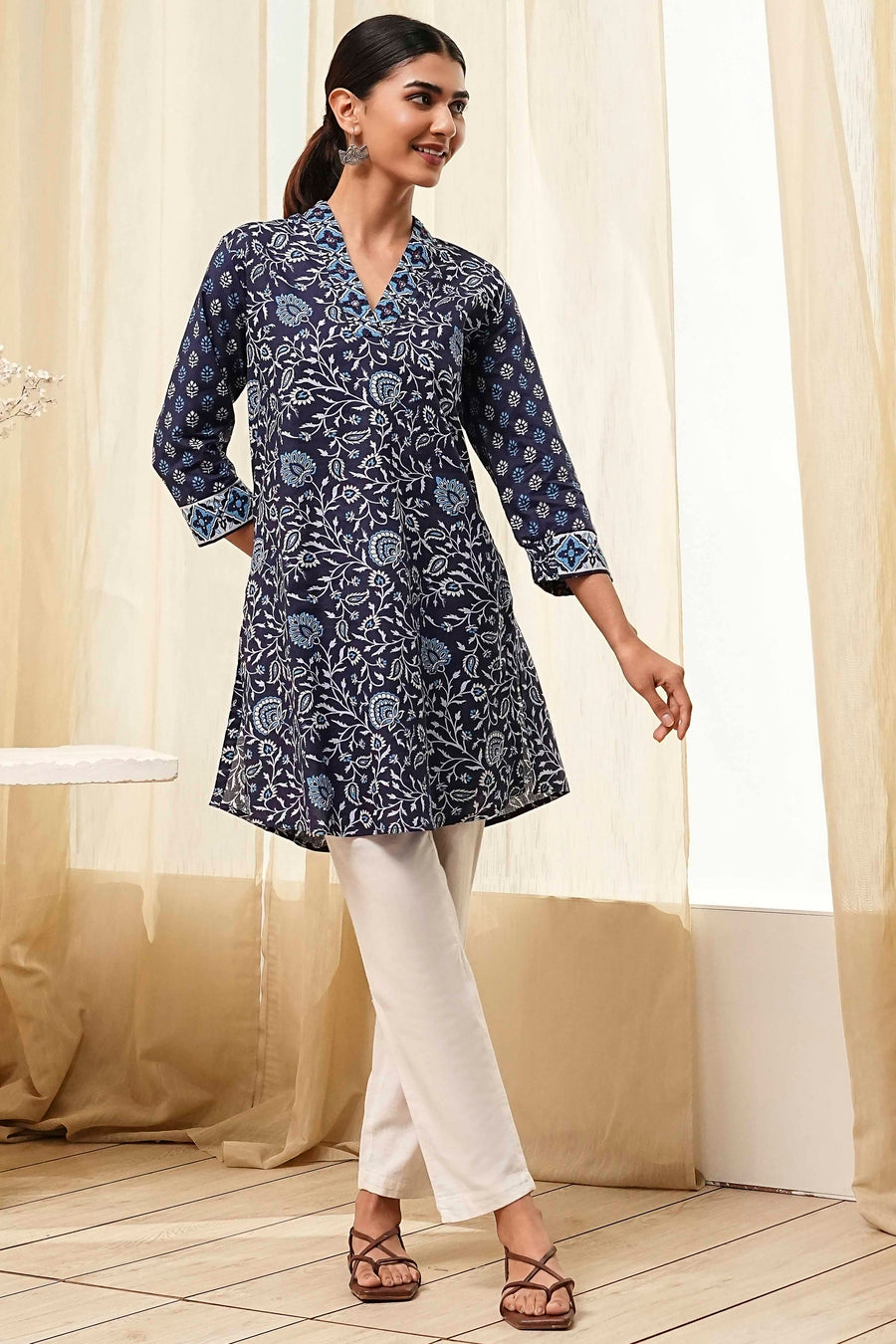Indigo Cotton Floral Straight Short Kurta K60