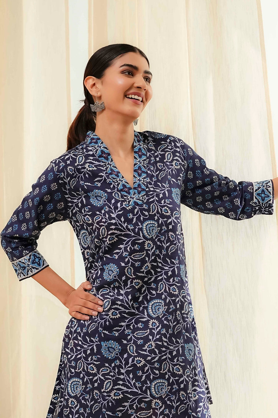 Indigo Cotton Floral Straight Short Kurta K60