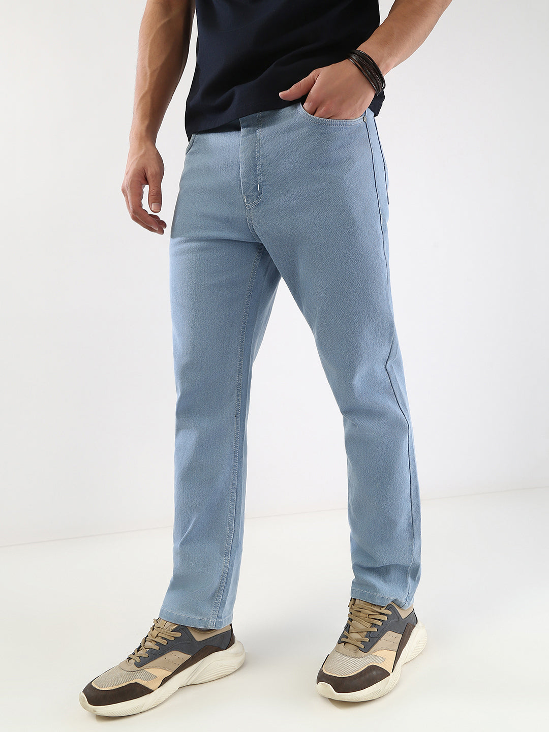 Men's Ice Blue Straight Fit Washed Jeans Stretchable