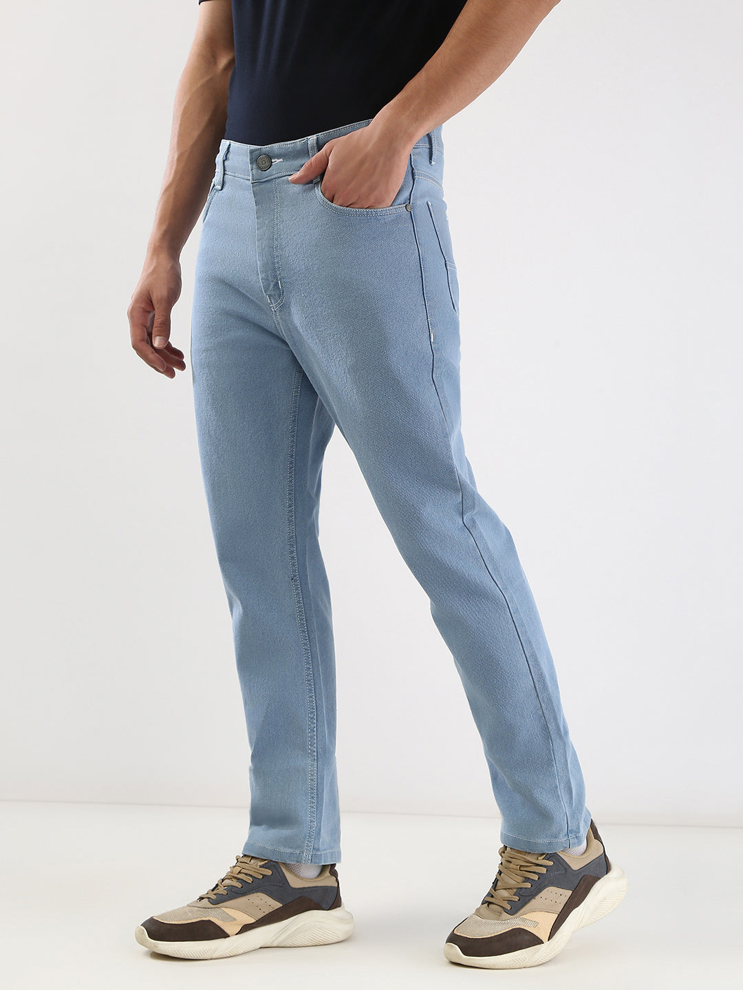 Men's Ice Blue Straight Fit Washed Jeans Stretchable