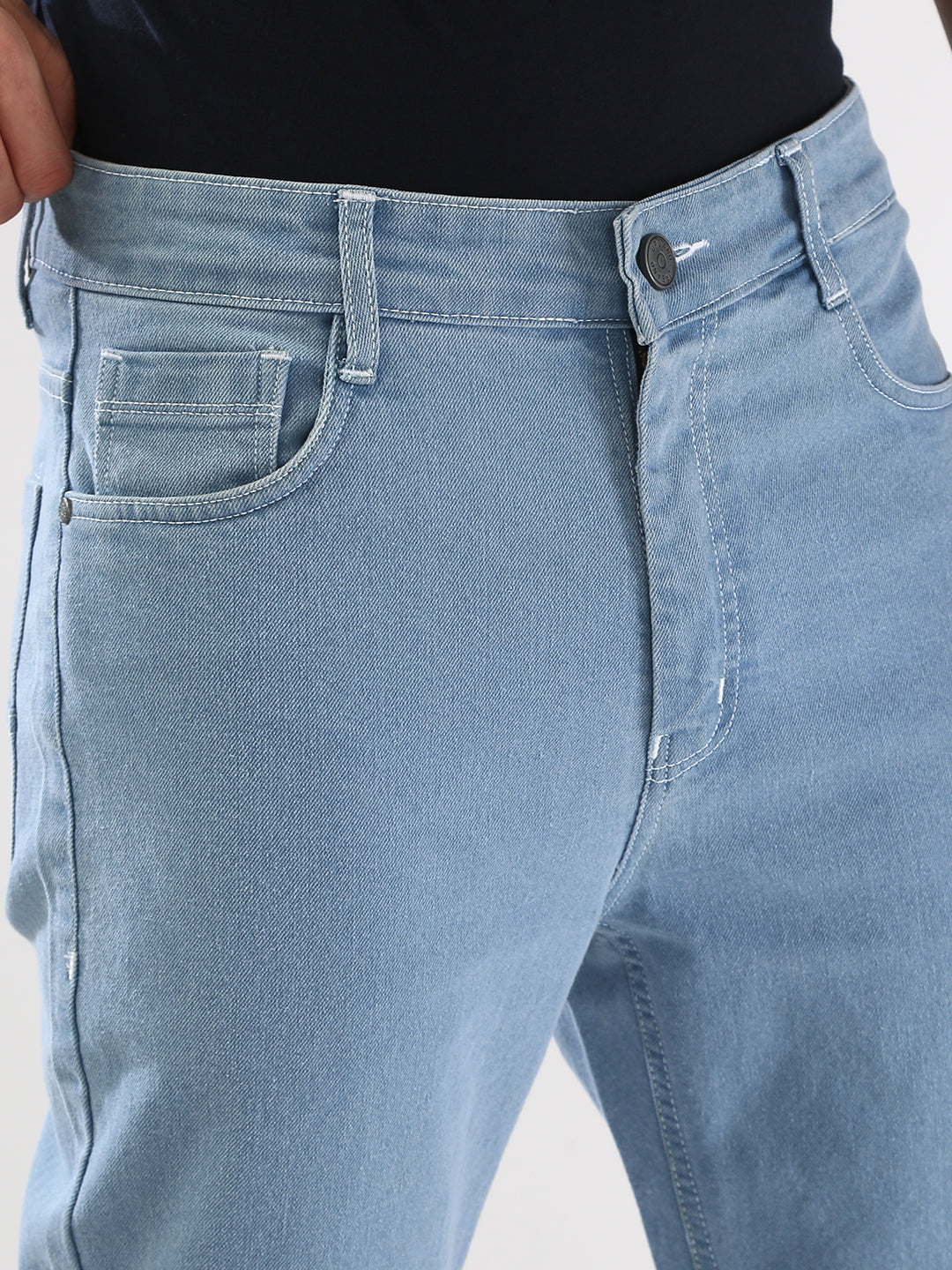 Men's Ice Blue Straight Fit Washed Jeans Stretchable