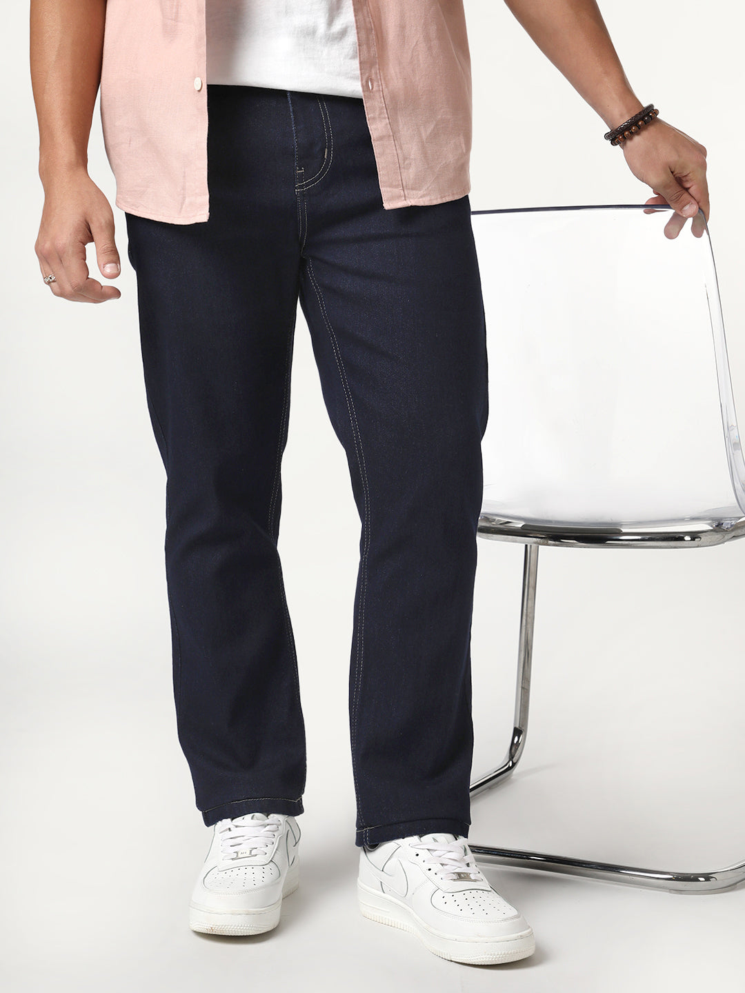 Men's Dark Blue Straight Fit Raw Washed Denim Jeans Stretchable