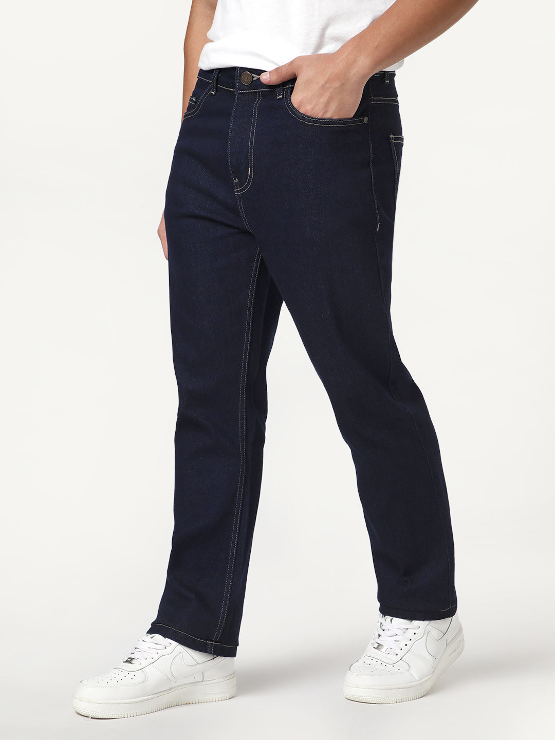 Men's Dark Blue Straight Fit Raw Washed Denim Jeans Stretchable