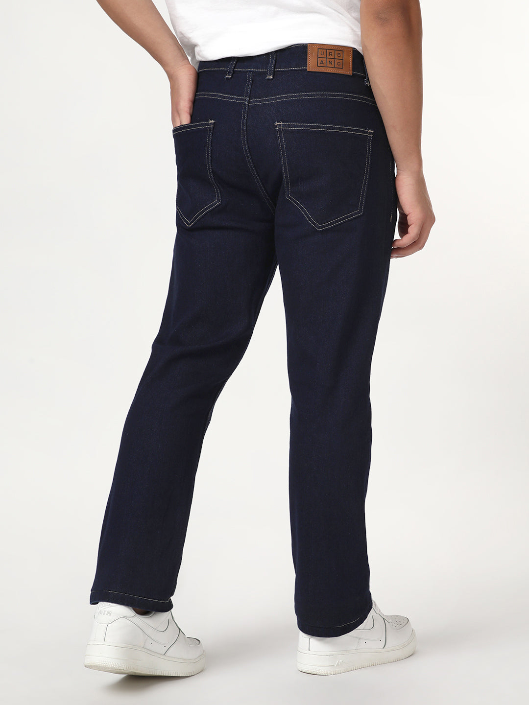 Men's Dark Blue Straight Fit Raw Washed Denim Jeans Stretchable