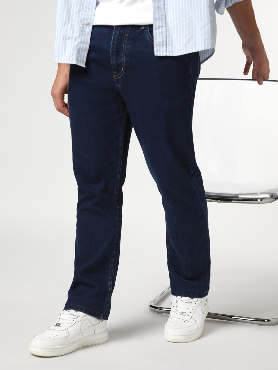 Men's Blue Straight Fit Raw Washed Denim Jeans Stretchable