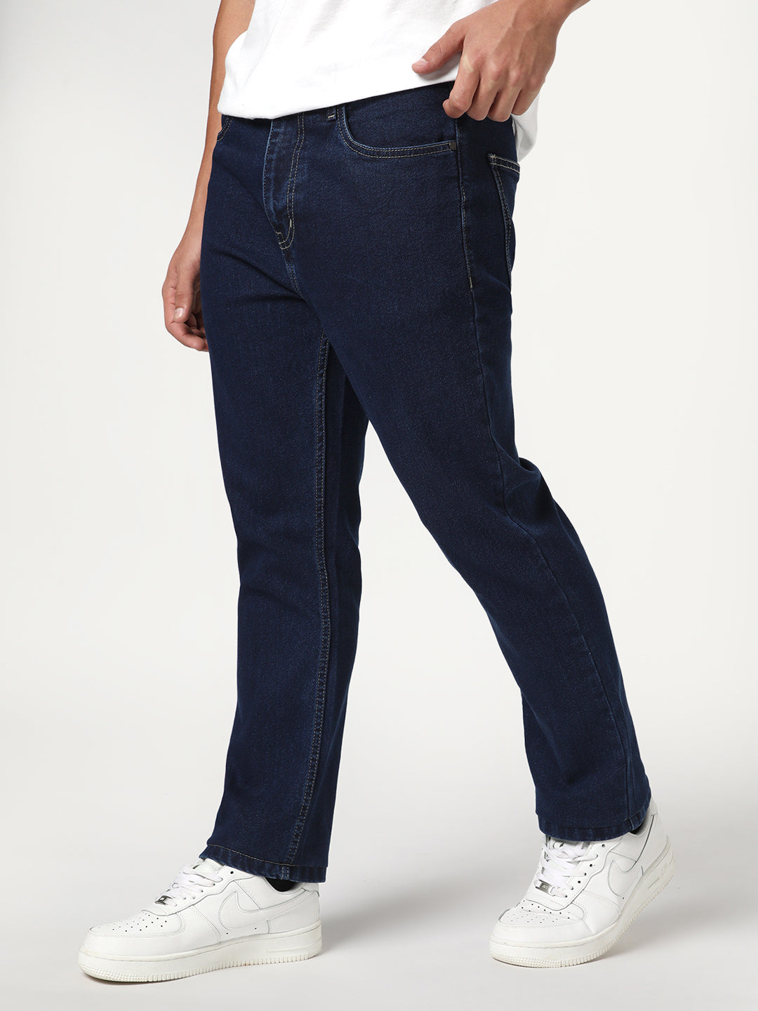 Men's Blue Straight Fit Raw Washed Denim Jeans Stretchable