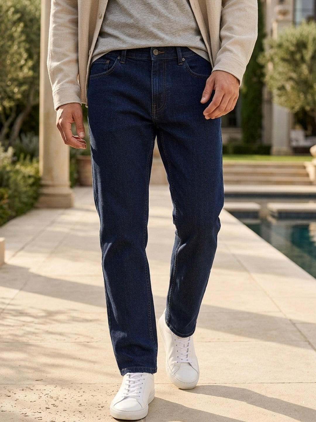 Men's Blue Straight Fit Raw Washed Denim Jeans Stretchable