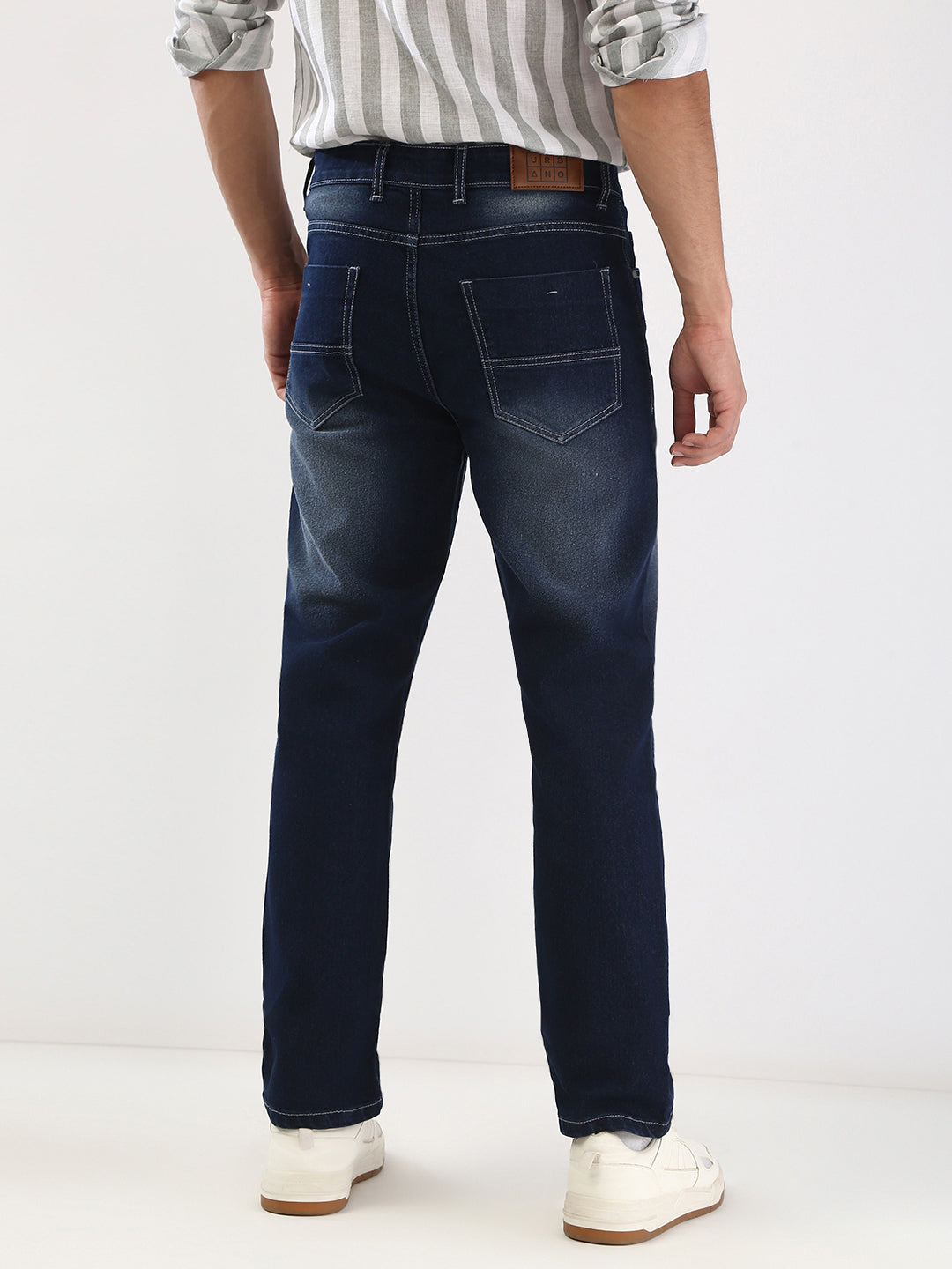 Men's Dark Blue Straight Fit Washed Jeans Stretchable