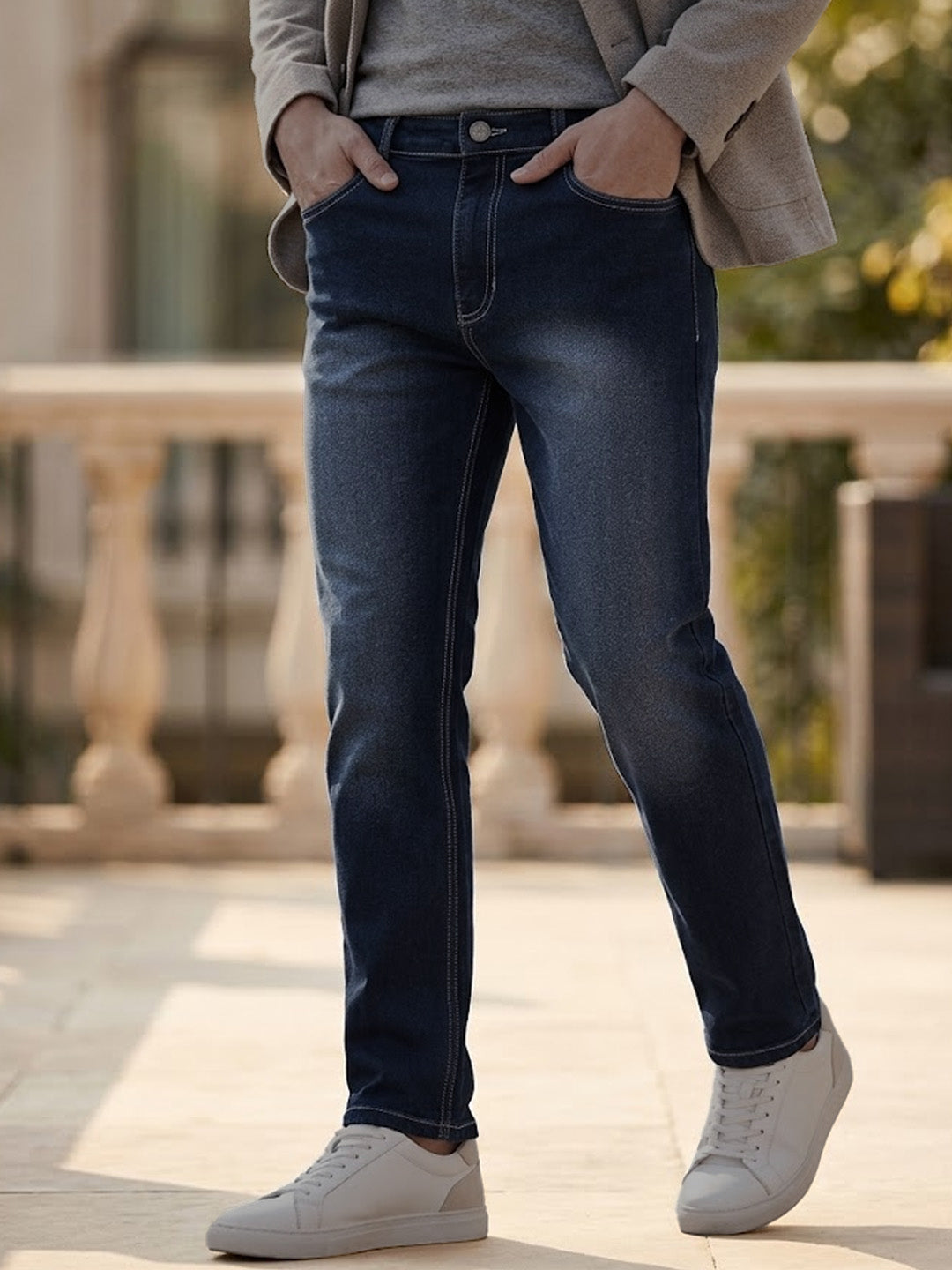 Men's Dark Blue Straight Fit Washed Jeans Stretchable