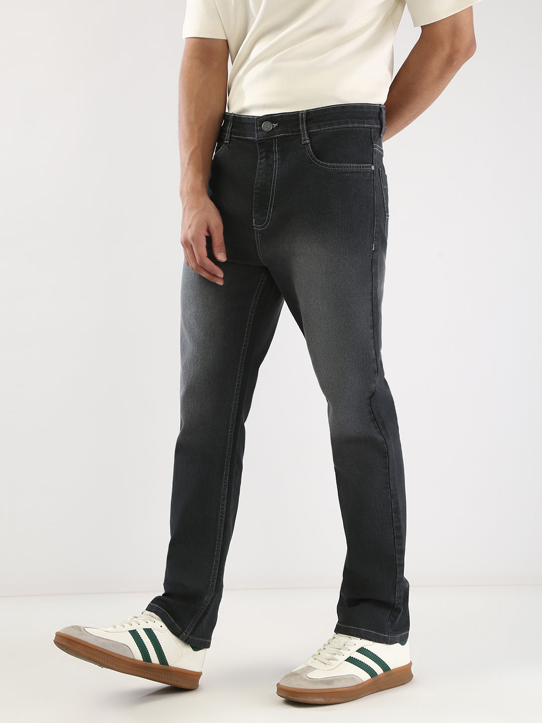Men's Dark Grey Straight Fit Washed Jeans Stretchable
