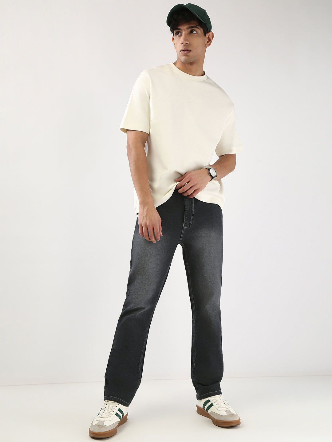 Men's Dark Grey Straight Fit Washed Jeans Stretchable