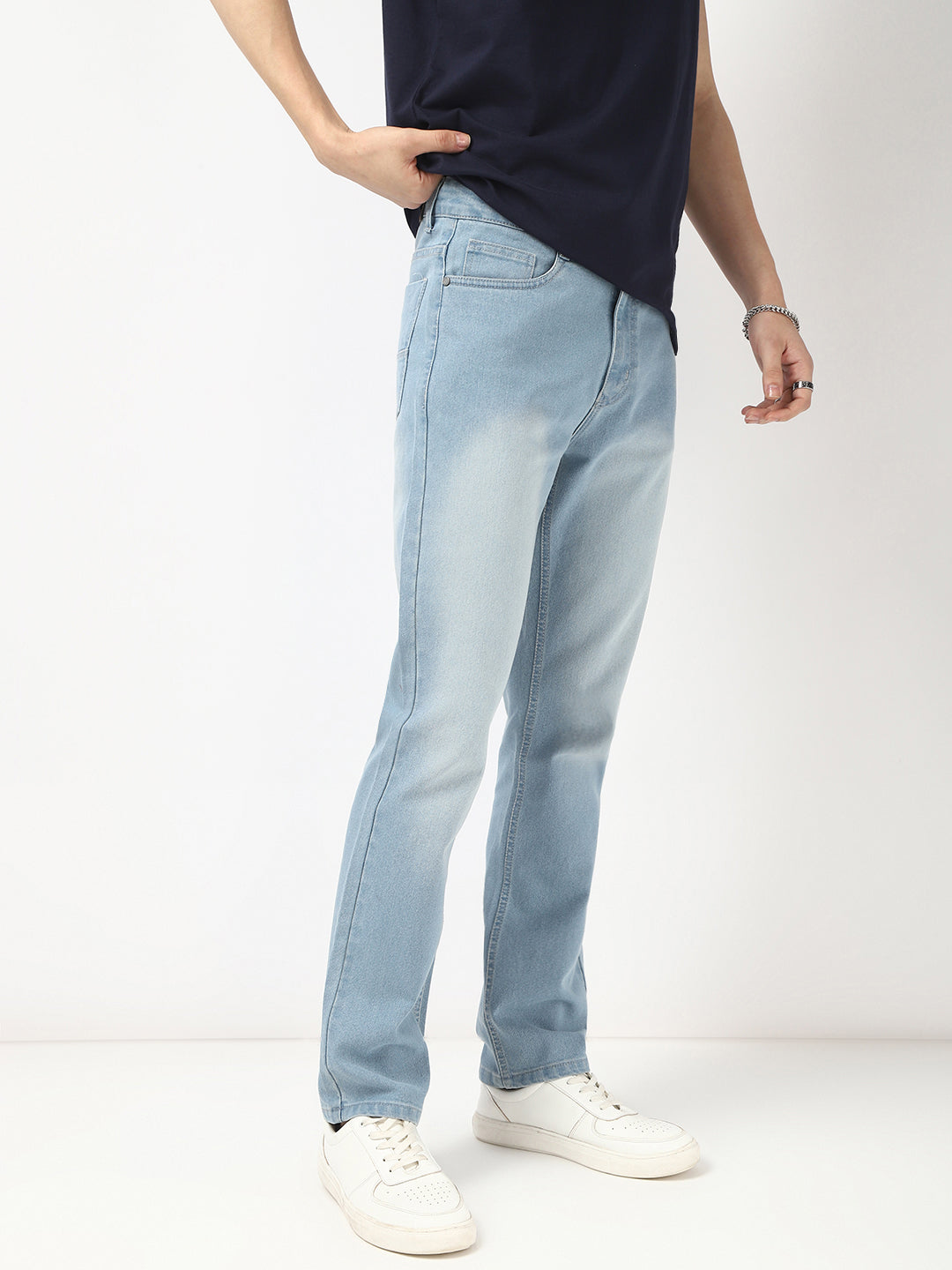 Men's Ice Blue Straight Fit Washed Jeans Stretchable