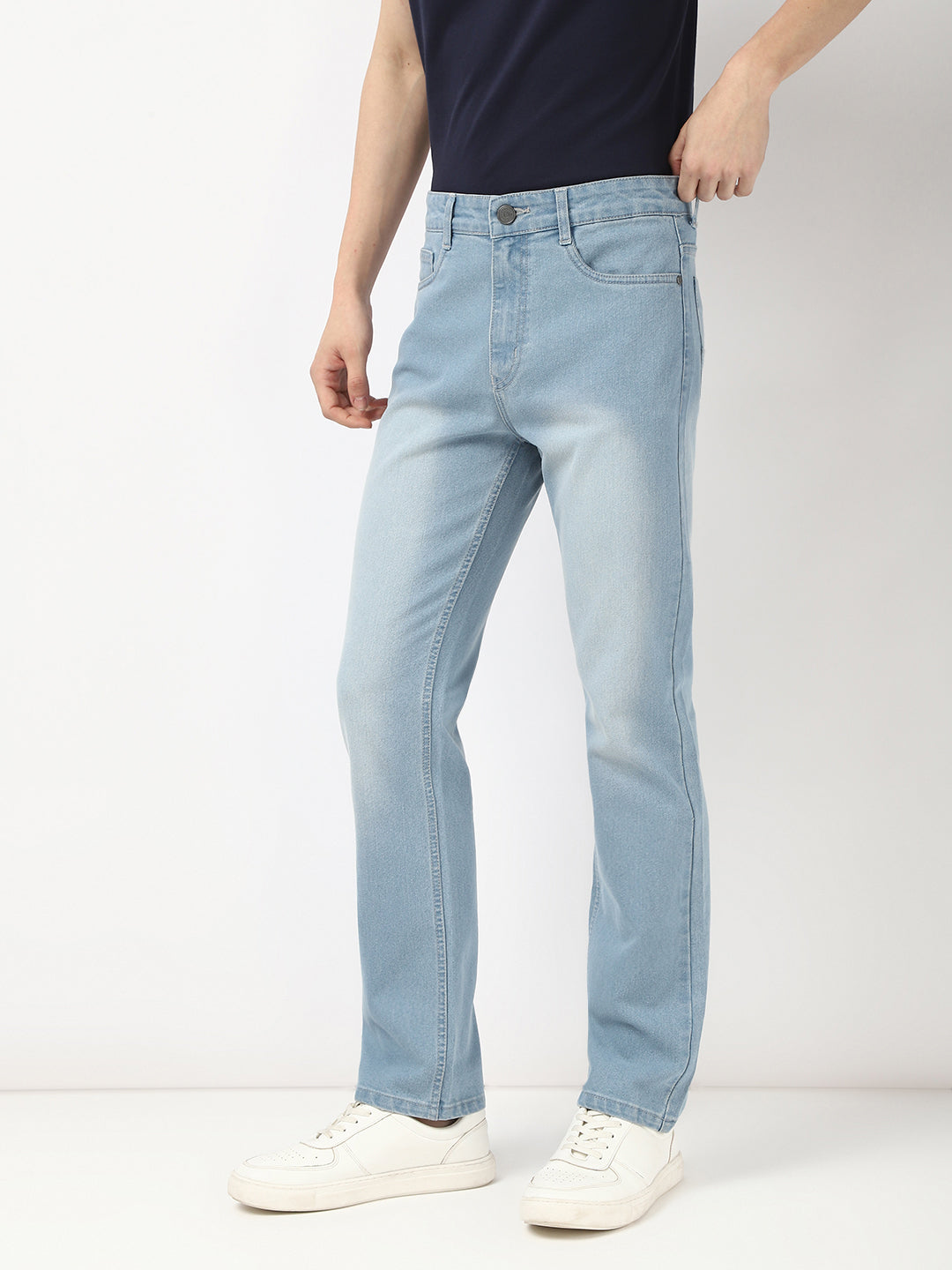 Men's Ice Blue Straight Fit Washed Jeans Stretchable