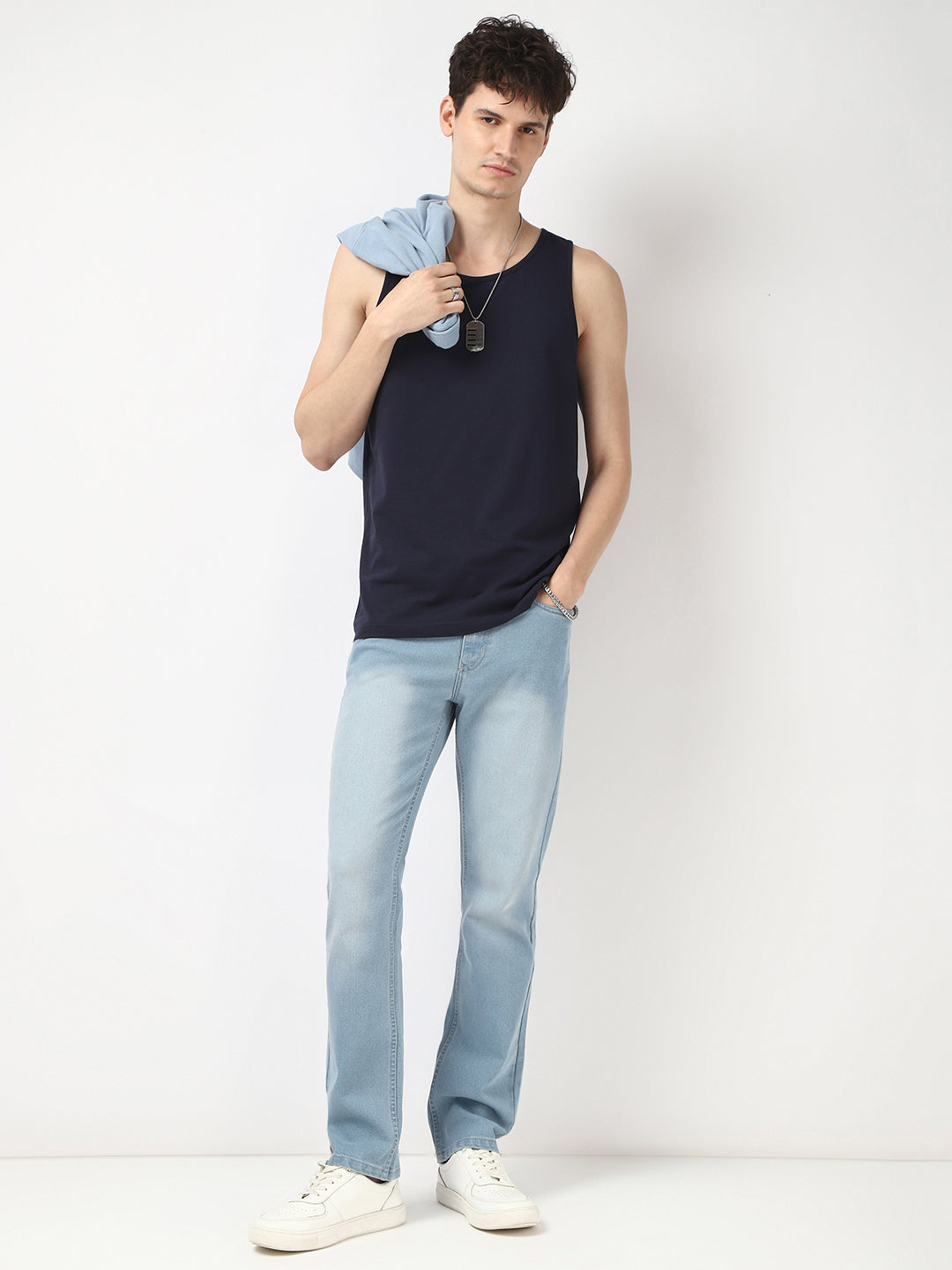 Men's Ice Blue Straight Fit Washed Jeans Stretchable