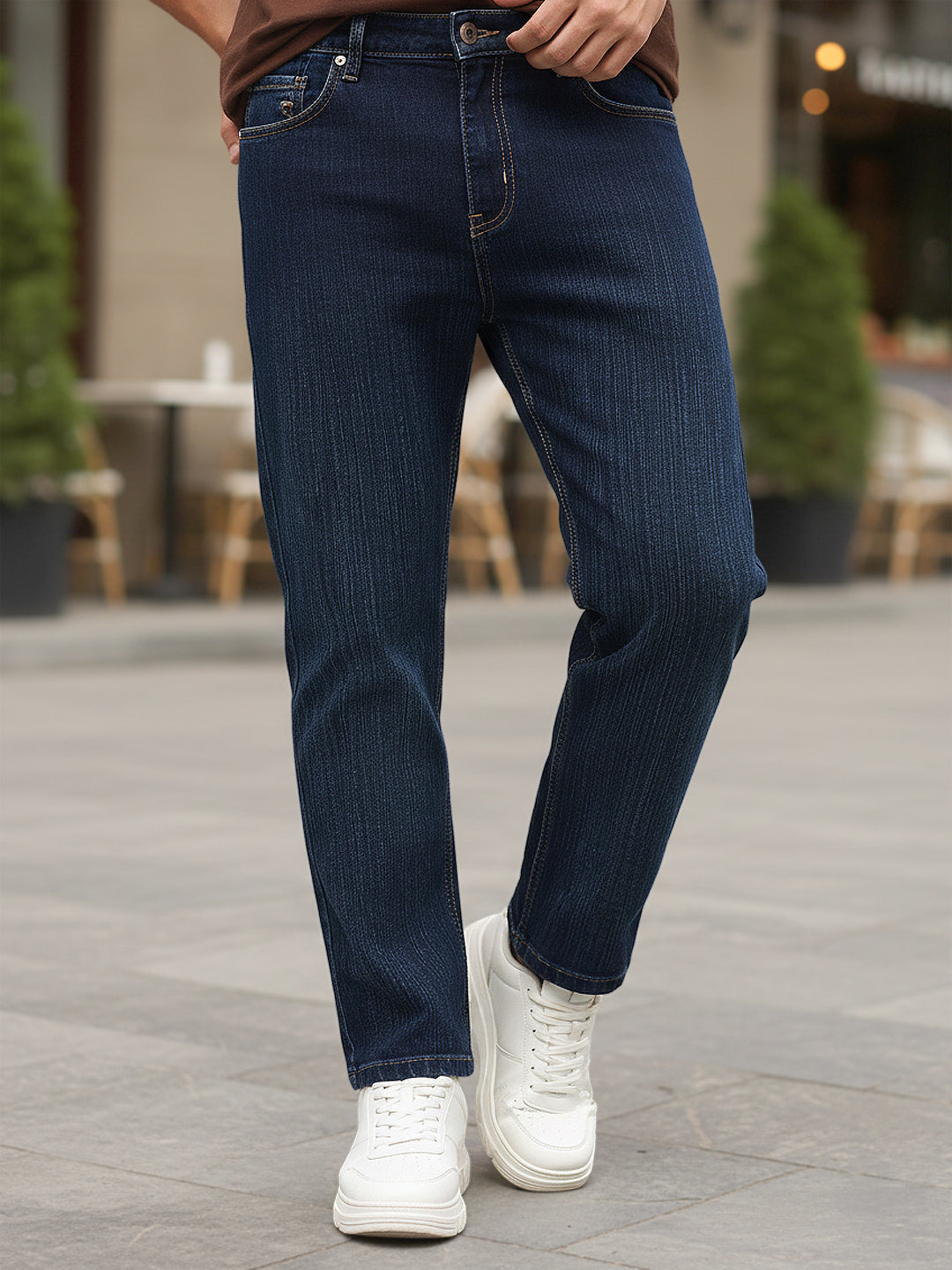 Men's Dark Blue Straight Fit Washed Denim Jeans Stretchable