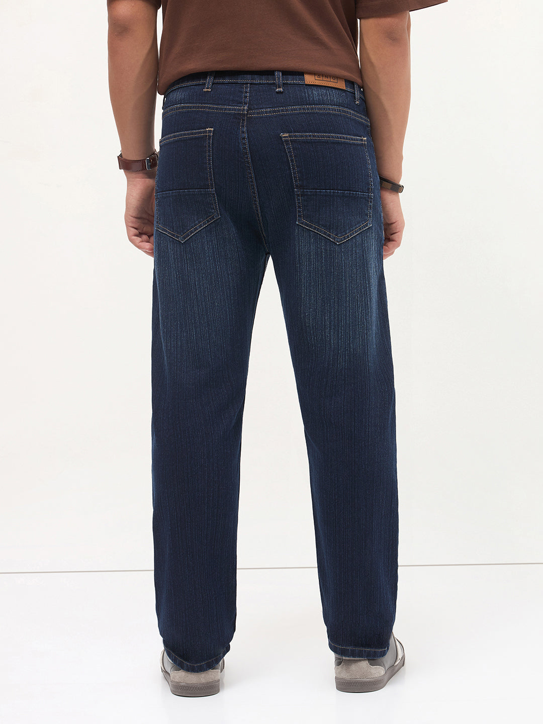Men's Dark Blue Straight Fit Washed Denim Jeans Stretchable