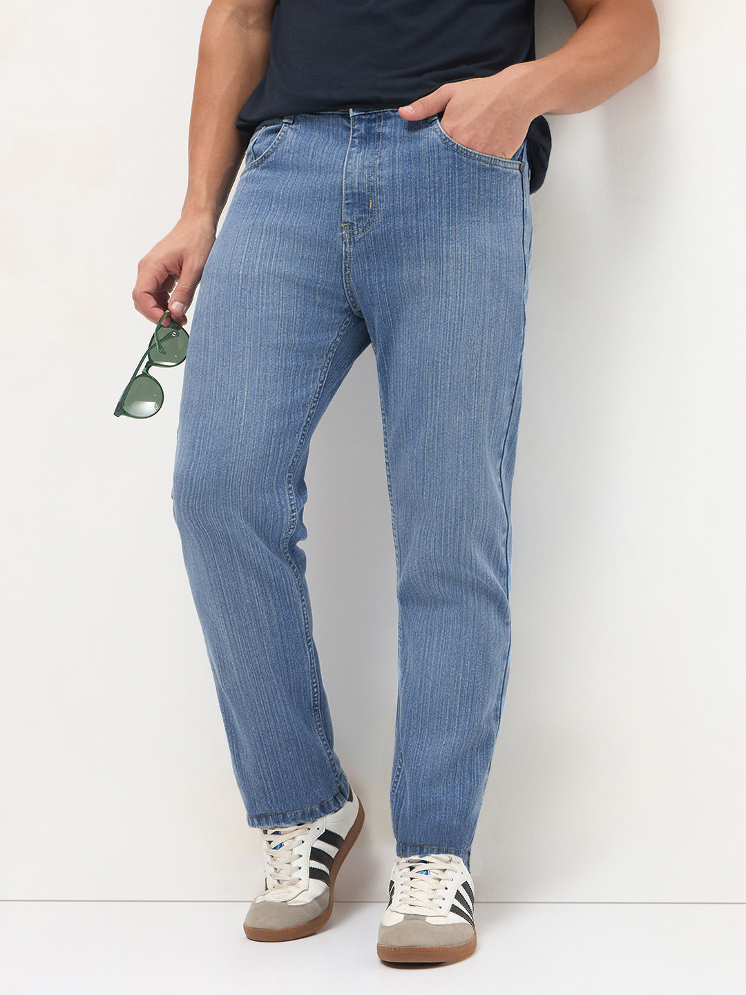 Men's Light Blue Straight Fit Washed Denim Jeans Stretchable