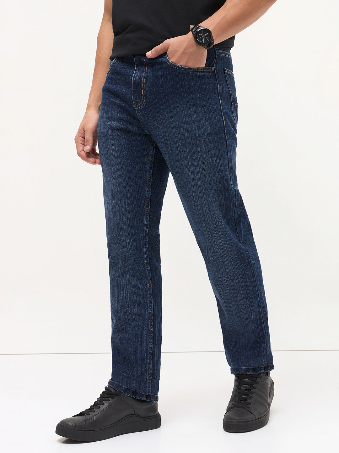 Men's Blue Straight Fit Washed Denim Jeans Stretchable