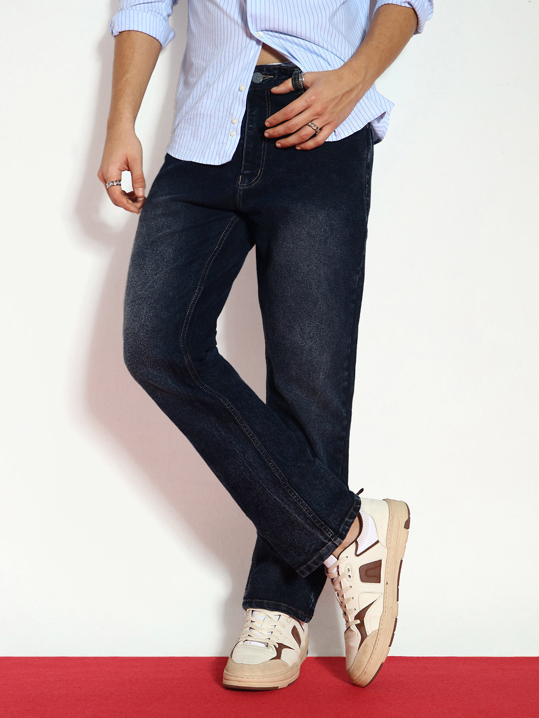 Men's Dark Grey Straight Fit Washed Jeans Stretchable