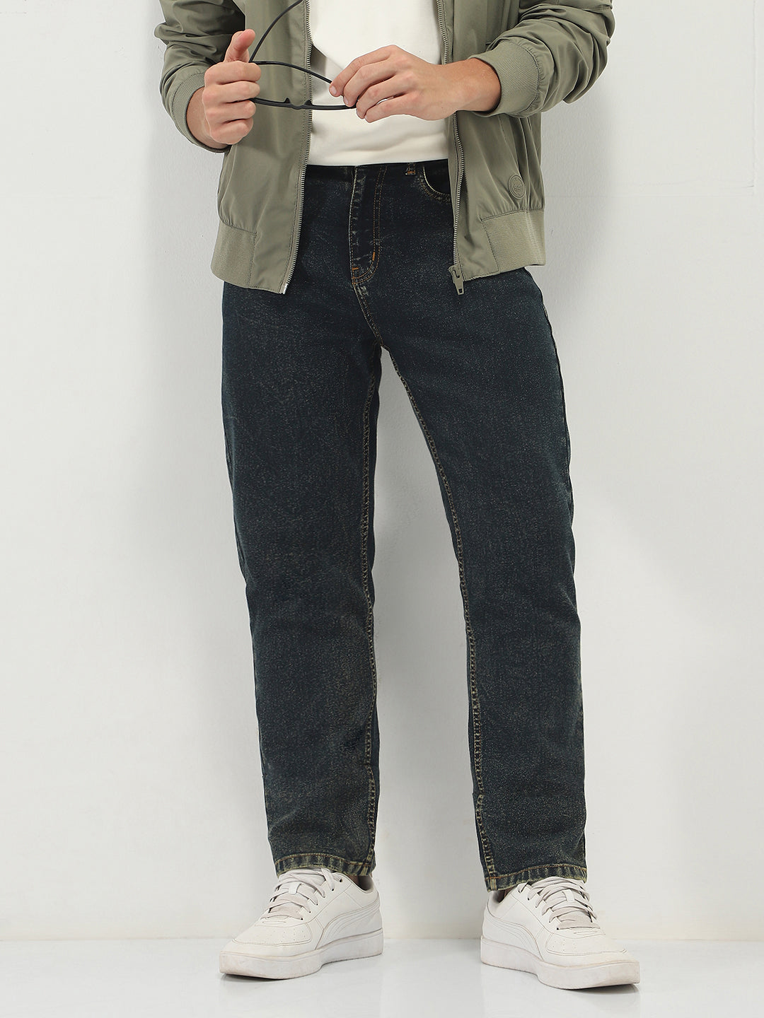 Men's Dark Blue Straight Fit Heavy Washed Jeans Stretchable