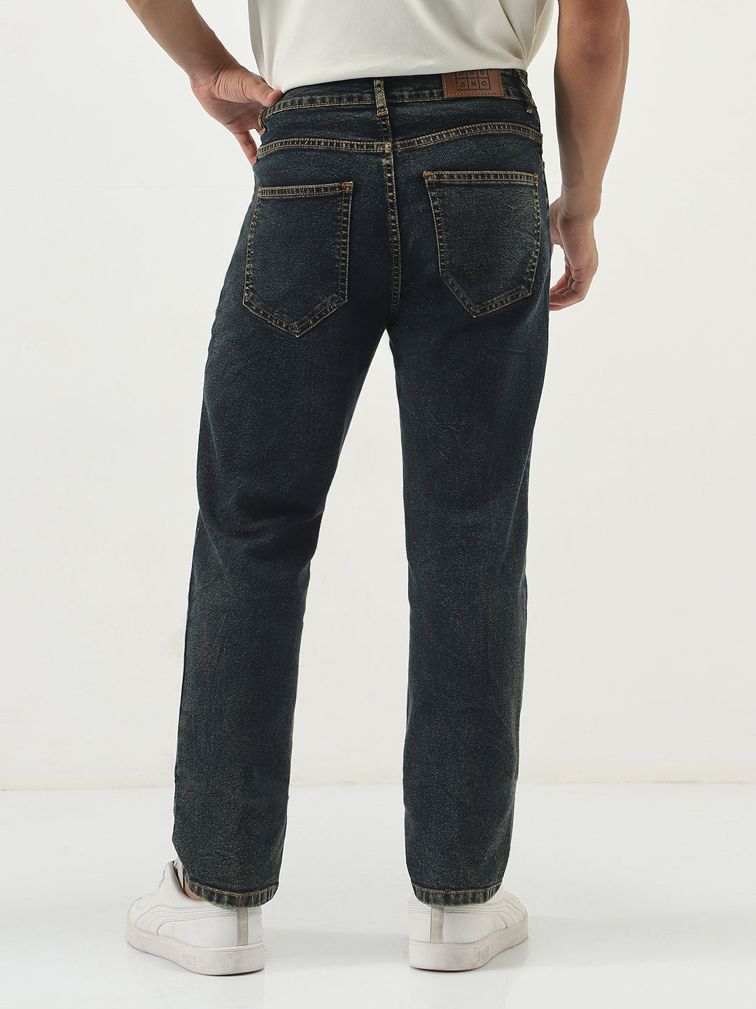 Men's Dark Blue Straight Fit Heavy Washed Jeans Stretchable