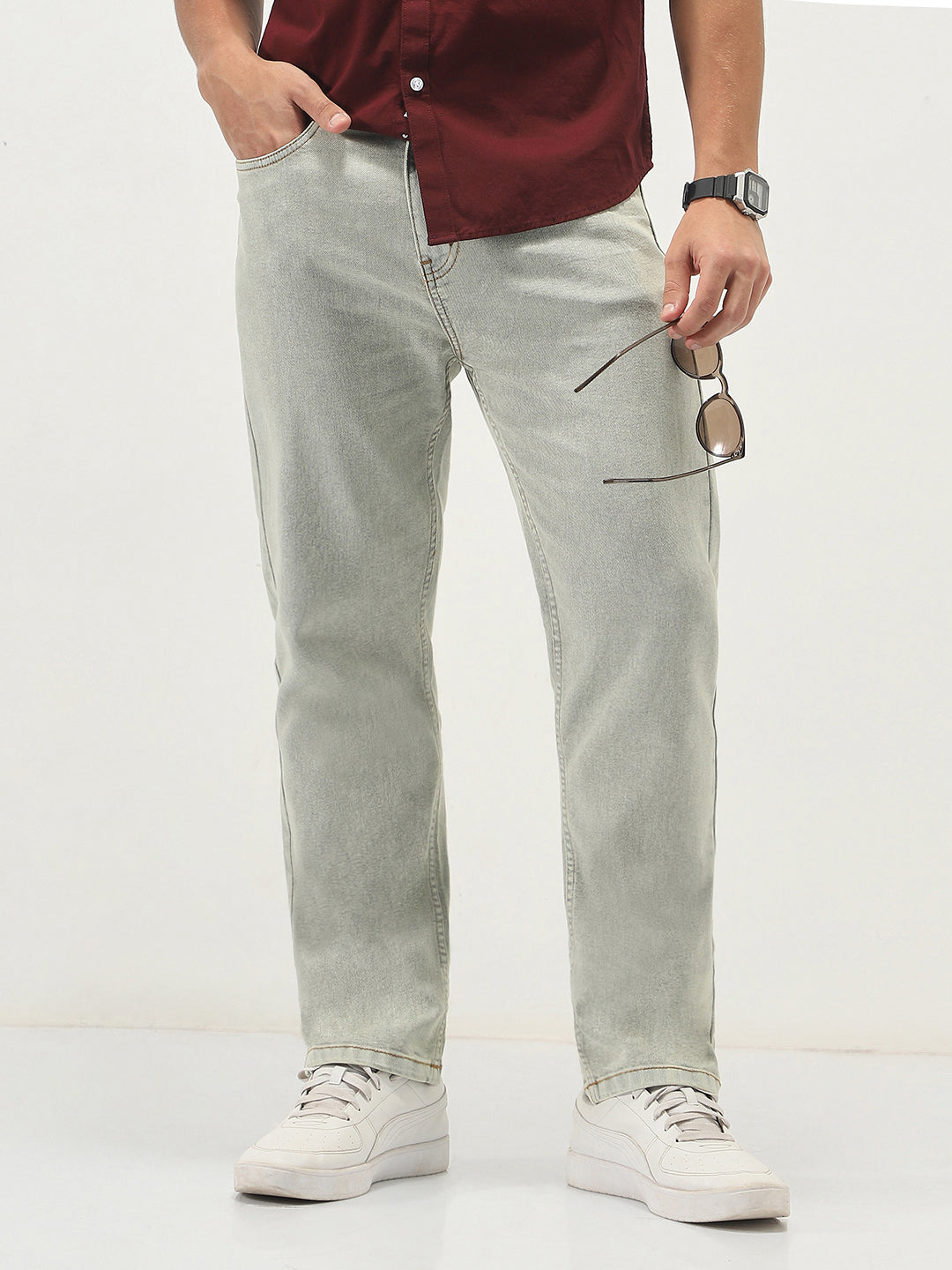 Men's Ice Grey Straight Fit Heavy Washed Jeans Stretchable