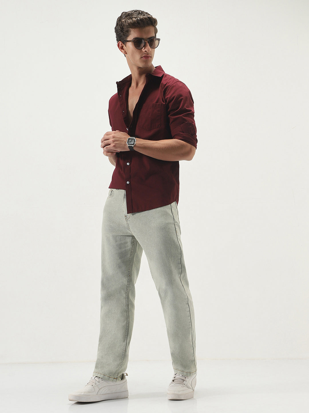 Men's Ice Grey Straight Fit Heavy Washed Jeans Stretchable