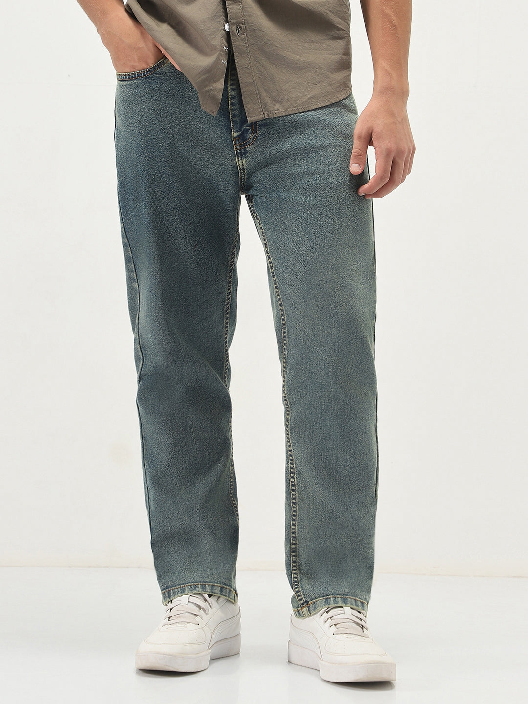 Men's Light Blue Straight Fit Heavy Washed Jeans Stretchable