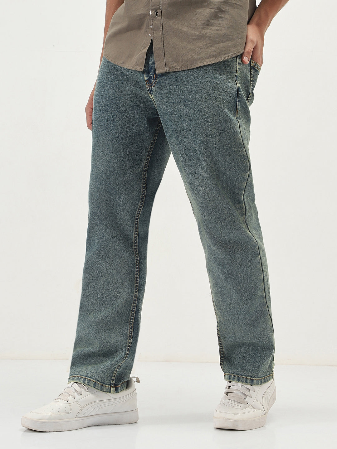 Men's Light Blue Straight Fit Heavy Washed Jeans Stretchable