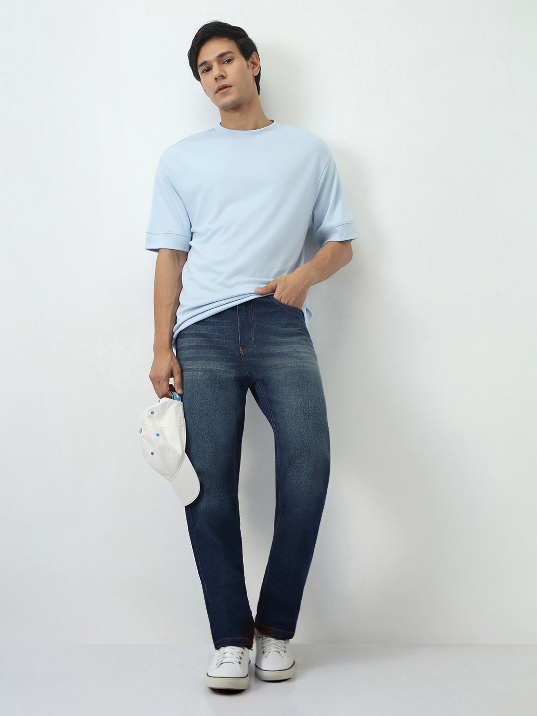 Men's Dark Blue Straight Fit Heavy Washed Jeans Stretchable