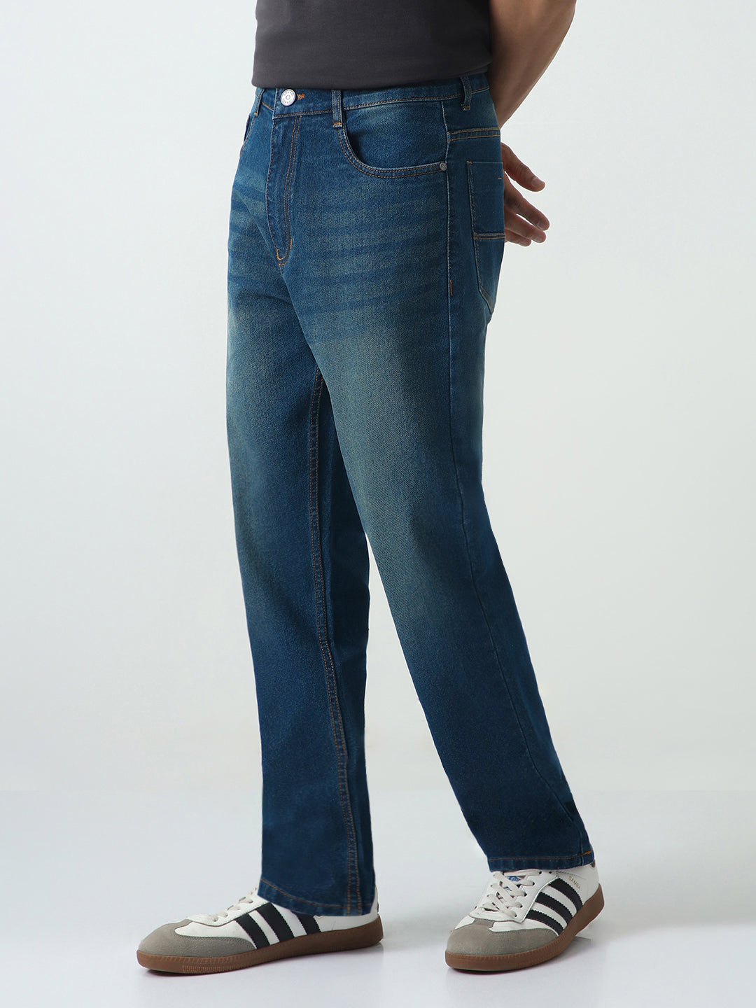 Men's Blue Straight Fit Heavy Washed Jeans Stretchable